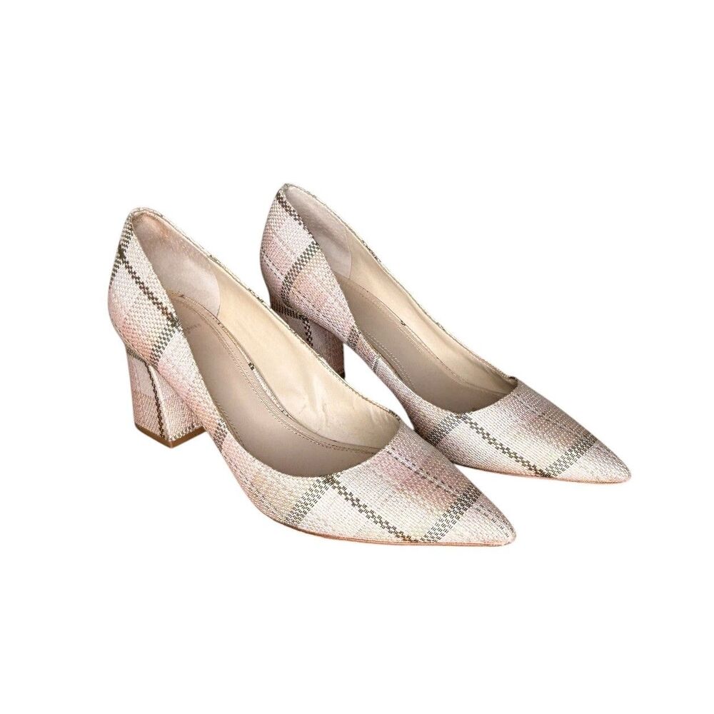 Marc Fisher Women’s Pumps Shoes Size 8.5M Plaid Block Heel Pointed Toe Canvas